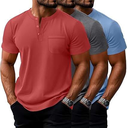 Men's Big and Tall Henley T-Shirts, Short Sleeve Pocket Cotton Loose Fit Shirt Summer Oversized Button Tee